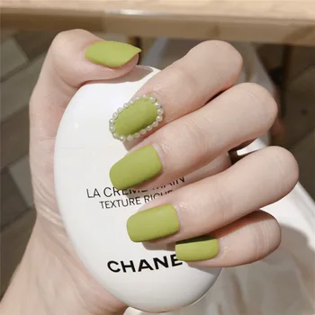 

24PCS High Quality Avocado Green Matte False Nail Fresh 3D Pearl square press on nails Bride Wearable Fake Nail with Glue DL