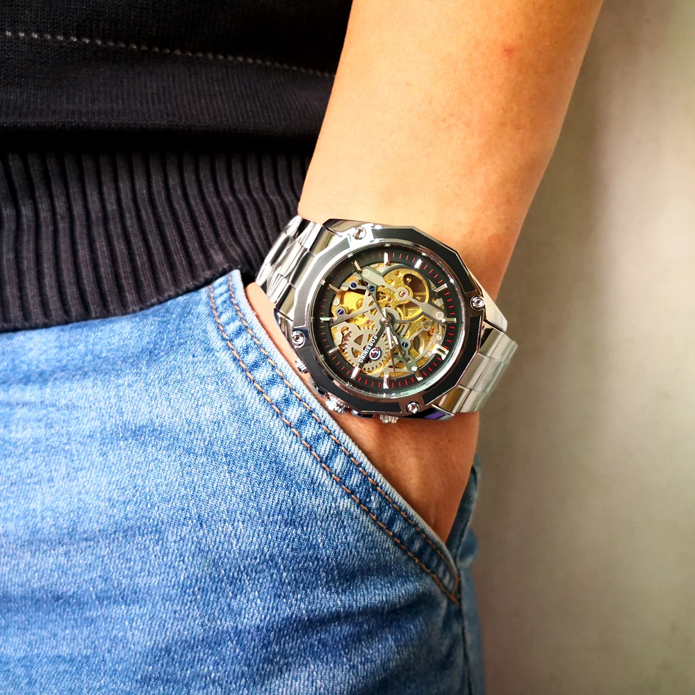 Золотые Роскошные брендовые механические часы, мужские автоматические заводные наручные часы из нержавеющей стали со скелетом, модные мужские часы в стиле стимпанк
