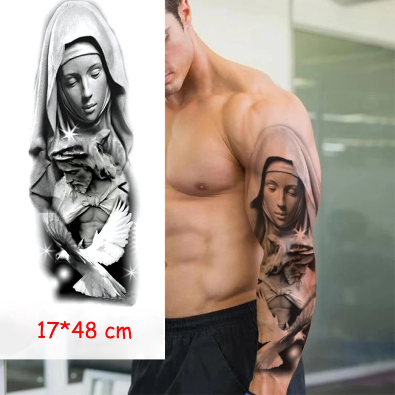 

Waterproof Temporary Tattoo Sticker Full Arm Large Virgin Jesus Peace Pigeon Tatoo Stickers Flash Fake Tattoos for Men Women