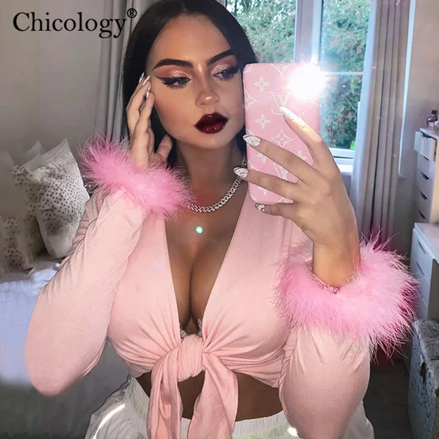 US $8.09 Chicology fur long sleeve lace up T-shirt women v neck sexy tshirt crop top 2019 autumn winter stre