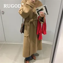 RUGOD корейский стиль шикарное винтажное шерстяное длинное пальто с поясом размера плюс женская однотонная одежда Kpop Мода