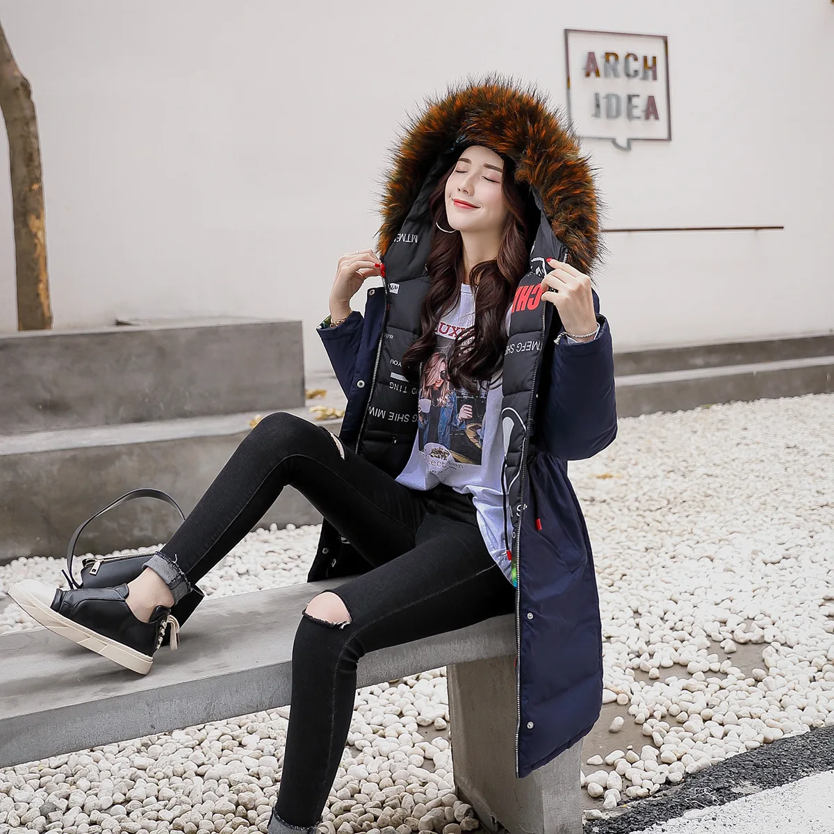 

2018 Korean-style Reversible Cotton-padded Jacket Slim Fit Slimming Mid-length Long Fur Collar Cotton Coat Women's Thick Cotton