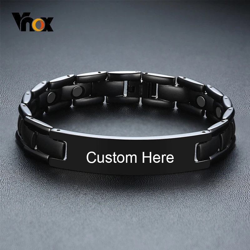 Vnox Индивидуальные Имя информация черный титан браслеты для мужчин терапия магнитный браслет Повседневная мужская Pulseira