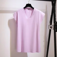 

Plus Size Summer Women's Solid T-shirts Cotton V-neck Thin Tee Top Sleeveless Breathable Soft Woman Clothing