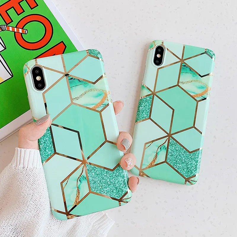 

Moskado Marble Texture Case For iPhone X XR XS Max 7 8 6 6s Plus Geometric Splice Electroplated Phone Cases Soft IMD Back Cover