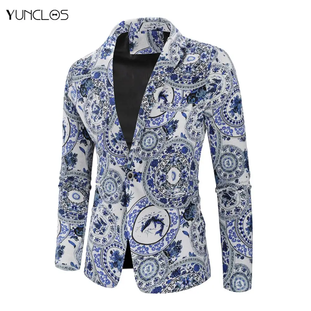 

Yunclos Mens Button Floral Printed Suit Casual Suit Slim Fit Men Blazer Jacket Men Long Sleeve Vintage Blazer Coat Men Clothing