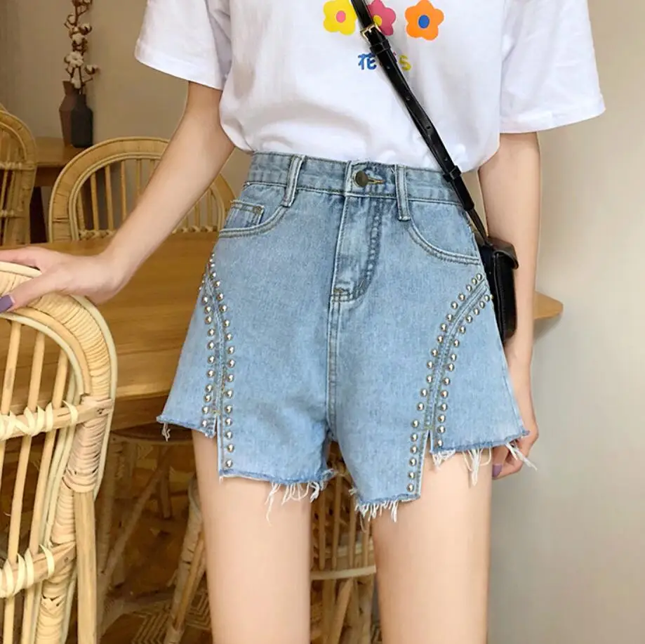 Jean Shorts Women Korean High Street Fashion Rivet High Waist Denim Shorts Female Zipper Irregular Shorts plus size 5xl q654 dickies shorts