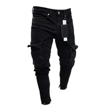 Обтягивающие мужские байкерские джинсы, брюки черные с несколькими карманами на молнии, тонкие мужские штаны, брюки для мужчин в стиле хип-хоп, уличная одежда, джинсовые штаны, S-4XL