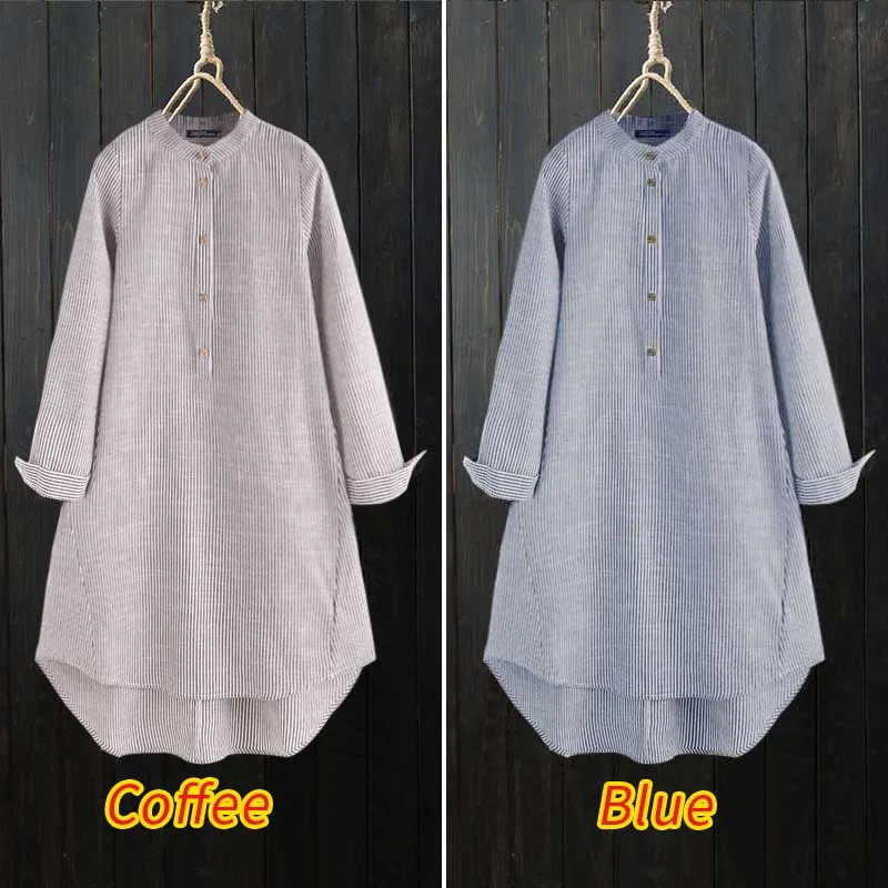 Женские хлопковые льняные Топы Blusas ZANZEA Женская Повседневная рубашка женская модная Полосатая туника блузка со стоячим воротником Chemiser Mujer