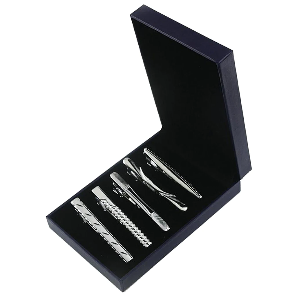 5 Pieces silver color Brushed Tie Bar Formal Men Necktie Clip Clasp With Black Box