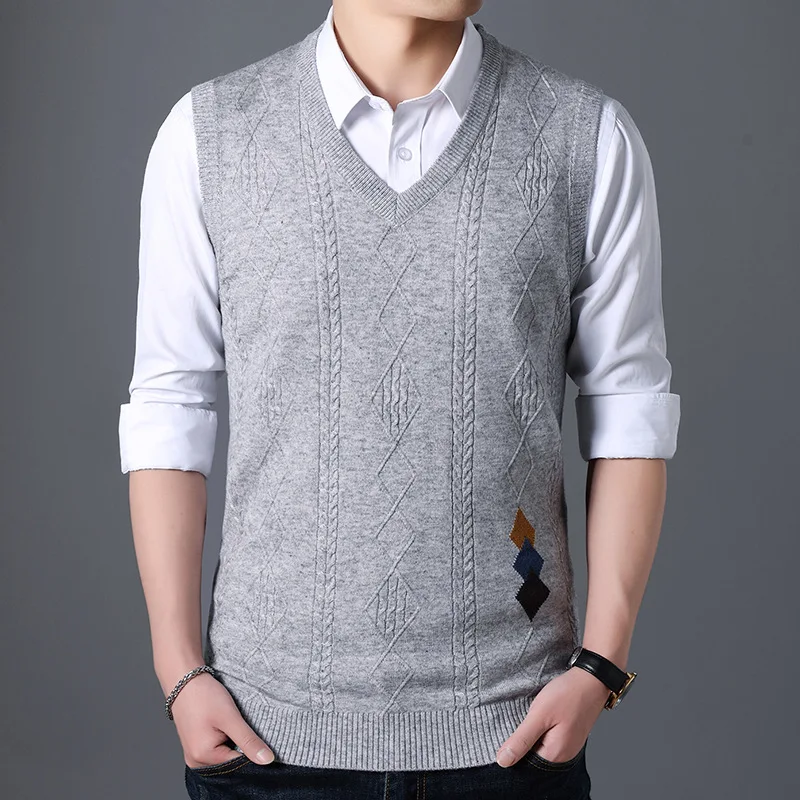 

2019 Autumn New Style MEN'S Vest Men Casual Solid Color Cable Knitting V-neck Knitted Pullover
