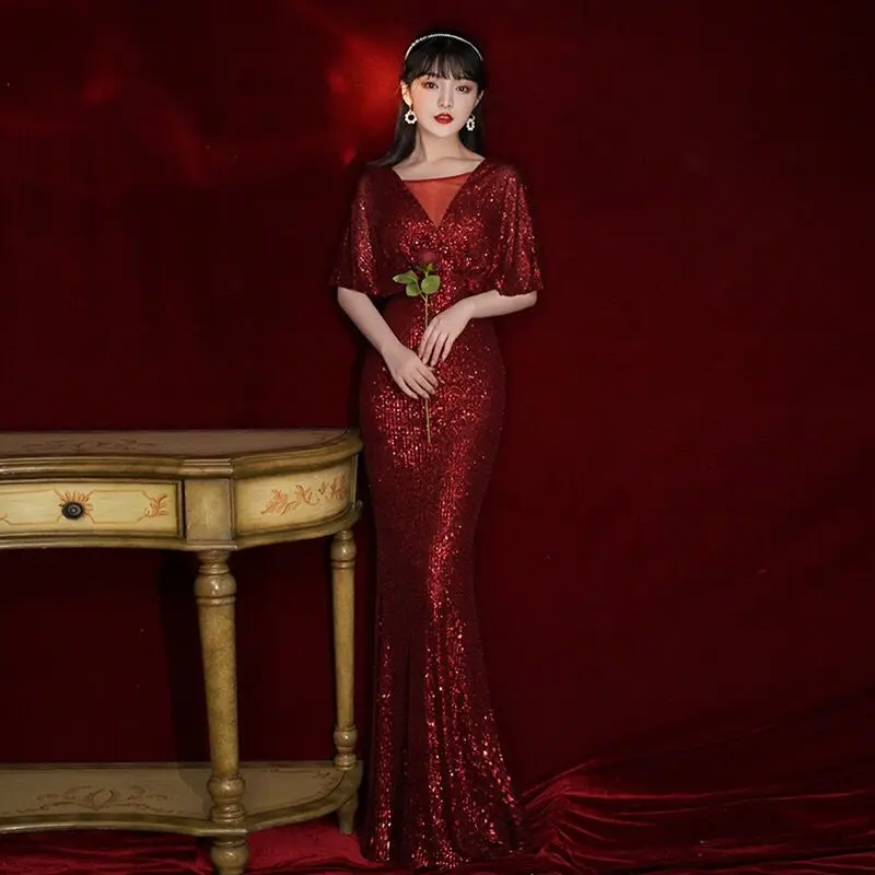 

Evening Dress Ruched Half Sleeves Burgundy Simple V-Neck Floor-length Mermaid Luxurious Plus size Women Formal Party Gown C643
