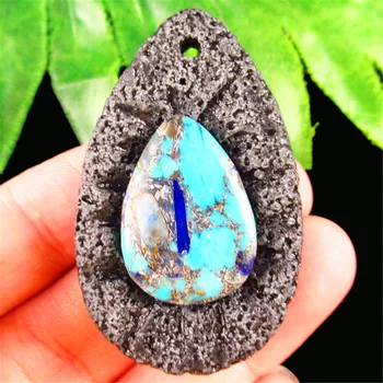 

48x30x8mm Blue Turquoises & Pyrites Volcano lava Teardrop Pendant Bead 8g SH1350