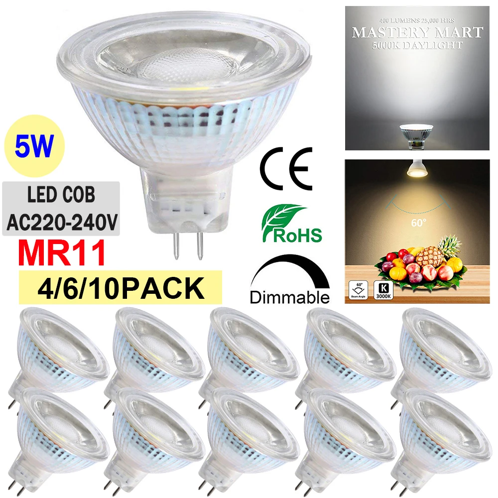 

2/4/6/10PACK MR11 Dimmable LED Spotlight Light Bulbs Full Glass Cover Reflector 5W AC220-240V Warm/Cool White LED Bulb D40