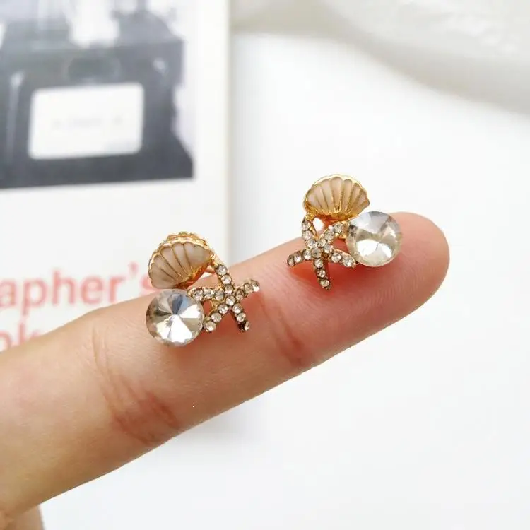 

Ocean Style Sea Shell Simulated Pearl Earring Geometric Women Creative Rhinestone Starfish Stud Earrings