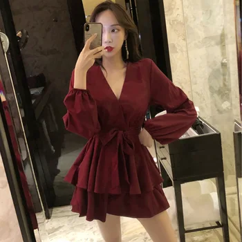 

Four seasons new women's wear loose tall waist crossover v-neck long sleeve dress is pure color trials show A word they thin wom