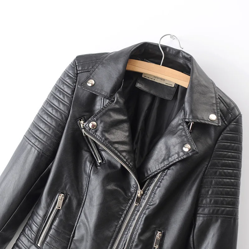 Autumn Women  Faux Leather Jacket  Sexy Skinny Women‘s Biker Jackets Fashion Pu Punk Ladies Black Coats Turn-down Collar Zippers