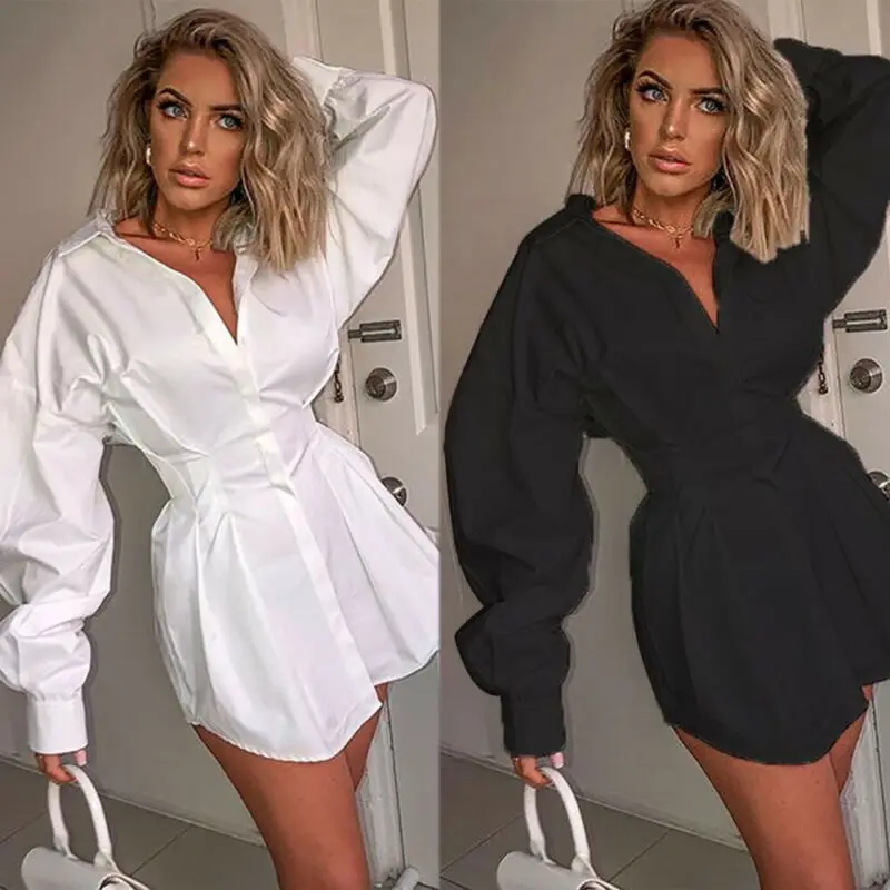 Reducido Blusa de manga larga ajustada estilo francés para otoño, ropa Sexy informal en negro y blanco para mujer, en V profundo con escote, 2019 EN1GlWE9N