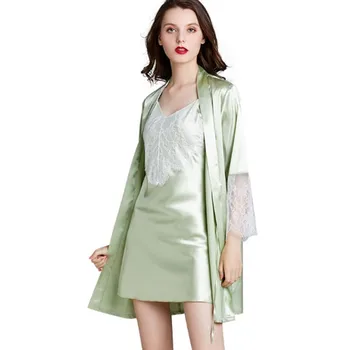 

Fdfklak Silk Sleepwear Lingerie Set With Robe Pyjama Femme Sexy Nightwear Lounge Set Women Summer New Lace Nighty For Bride