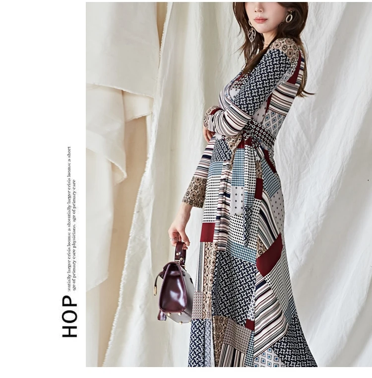 H Han Queen Winter V-neck Print Lacttice A-line Dress Women Fashion Swing Long Dresses OL Fit And Flare Bottoming Vestidos