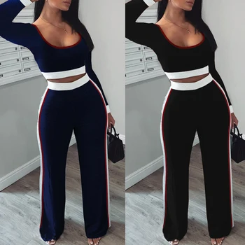 

NEW Stylish Women Long Sleeves Two Piece Suit Tracksuit Sets Low Cut Patchwork Casual Long Scoop Neck Jumpsuit 2pcs Suits D30