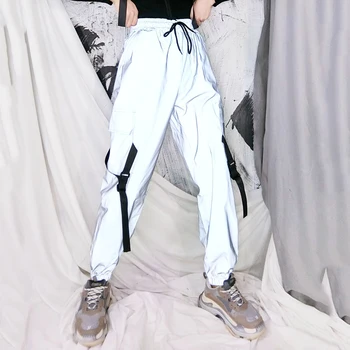 

2020 Spring Loose Reflective Cargo Pants Glowing Streetwear Ribbon Sweatpant Women Casual Trousers Hip Hop Harajuku cargo pants