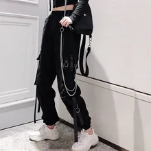 Women's Cargo Pants Buckle Ribbon Pocket Jogger Elastic Waist High Streetwear Harajuku Pant Punk Ring Chain Females Trousers