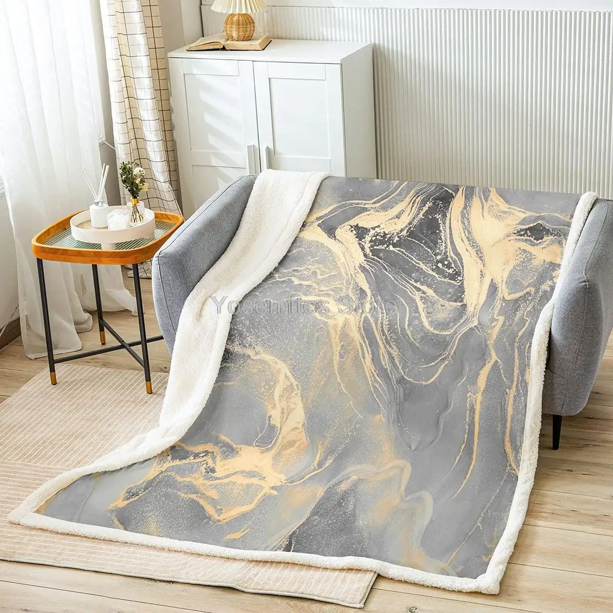 

Marble Pattern Blanket for Boys Girls Kids Soft Warm Luxury Chic Sherpa Fleece Blanket Modern Golden Gray Marble Throw Blankets