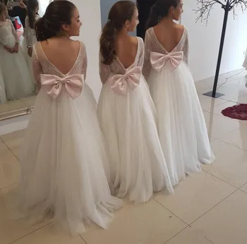 

Cheap Tulle First Communion Gowns For Elegant Princess with Bow Backless Custom Made Flower Girl Dress For Wedding New Arrivals