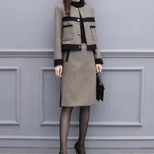 Осенний женский спортивный костюм, одежда Femenino, куртка, пальто+ юбка, комплект из 2 предметов, Женские винтажные шерстяные костюмы, комплекты одежды, AQ631