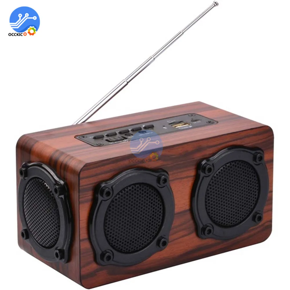 

Portable Wooden Wireless Bluetooth Speaker Retro Stereo Subwoofer HiFi FM Radio USB TF AUX for Outdoor Home Desktop Speaker