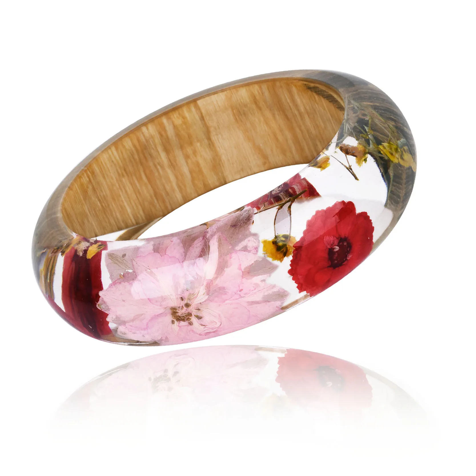 

KCALOE Natural Dried Flower Wood Bangles Bracelet For Woman Baby's breath Brazilian Star Chrysanthemum Resin Cuff Bangles