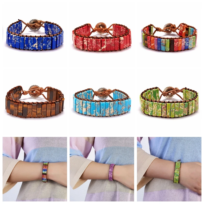 

Natural Stone Bracelet 7 Chakra Yoga Bracelet Multi Color Regalite Stone Tube Beads Leather Wrap Couples Friendship Bracelets