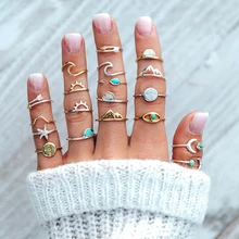 19 шт./компл. Boho женские кольца набор компасы стрелка Морская звезда волна Луна глаза драгоценный камень Золото Серебро открытие кольцо среднего размера Шарм Леди Любовник подарок