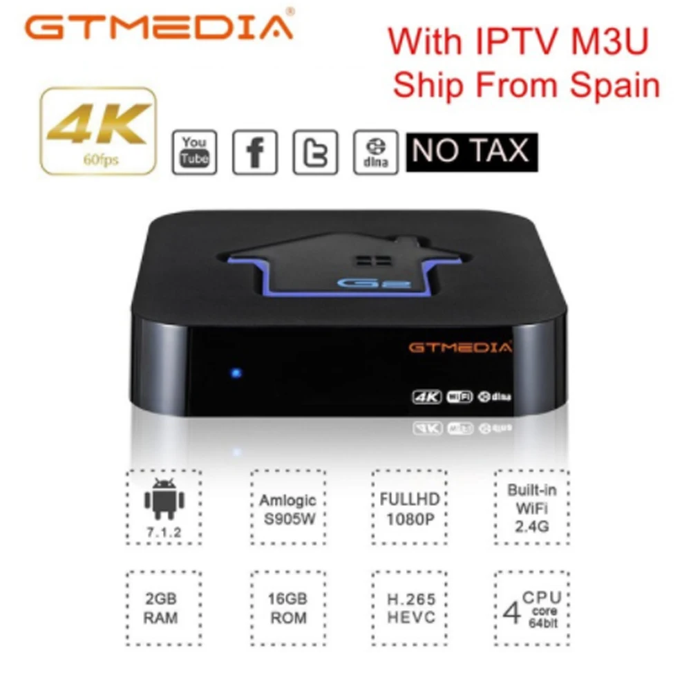 GTmedia Android 7,1 IP ТВ M3U Смарт ТВ BOX Amlogic S905W 2 Гб RAM+ 16gbrom Декодер каналов кабельного телевидения 4K HD H.265 2,4G Wifi медиаплеер ТВ коробка