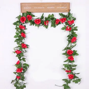 

220cm Silk Rose Wedding Decorations Ivy Vine Artificial Flowers Arch Decor with Green Leaves Hanging Wall Garland