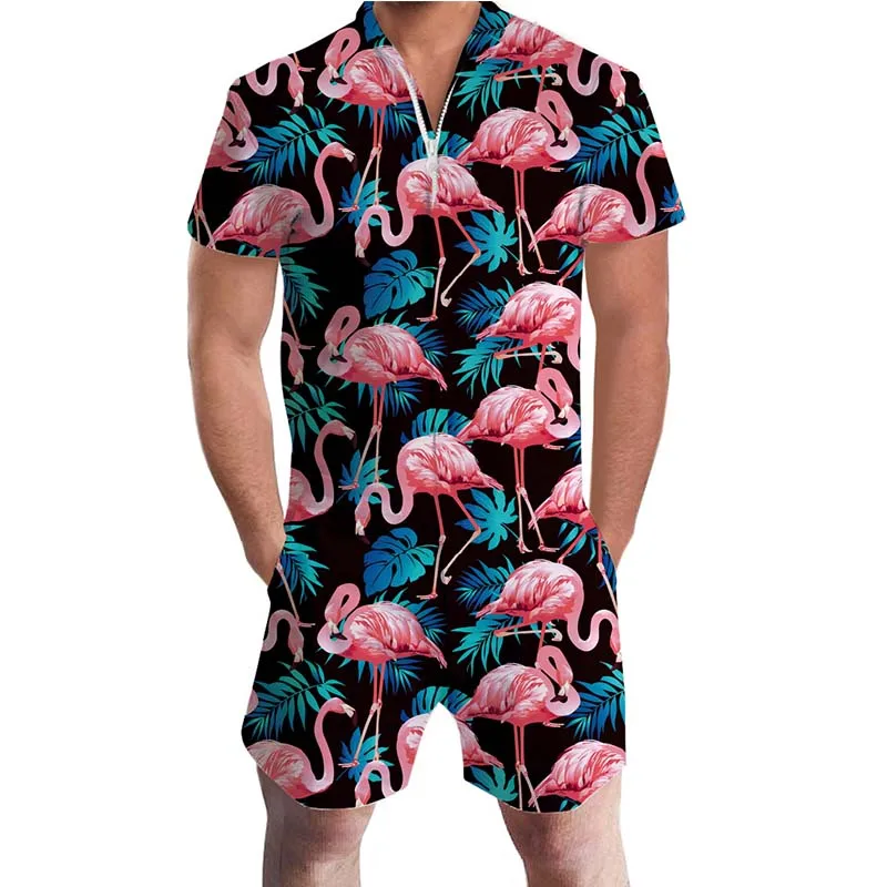 

Mens Rompers Flamingos Floral Print 3d Jumpsuit Playsuit Short Sleeve Harem Cargo Overalls Summer One Piece Beach Set Dropship