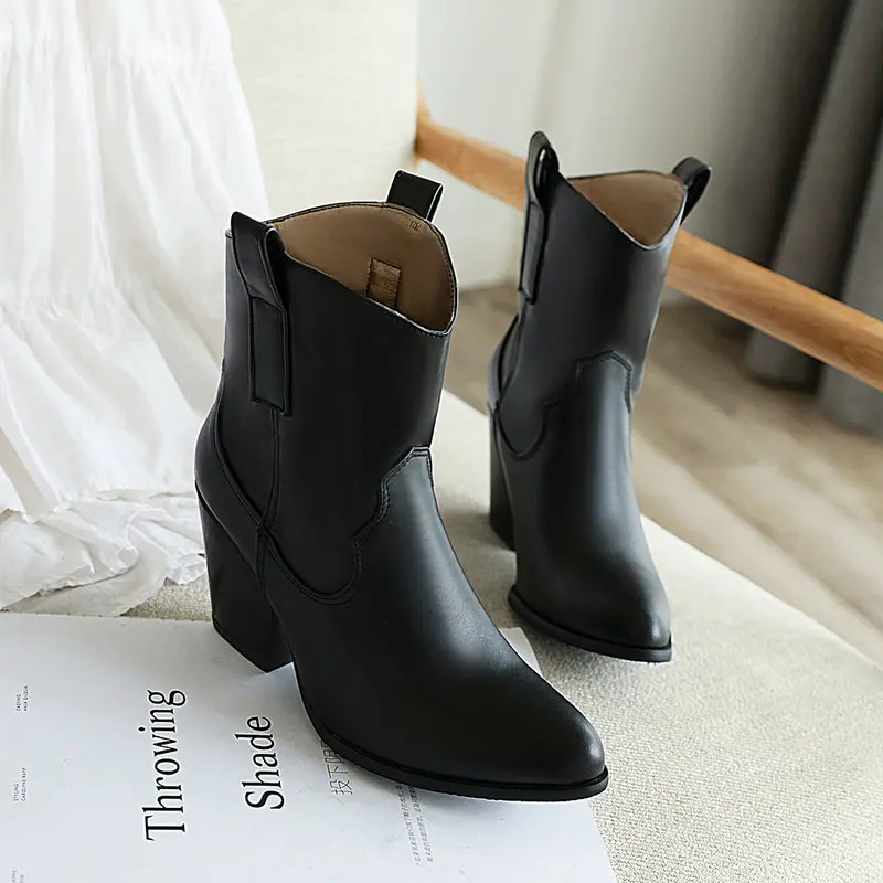 Черные, белые, коричневые женские ботинки осенние ботильоны на высоком каблуке Зимние плюшевые ковбойские ботинки без застежки