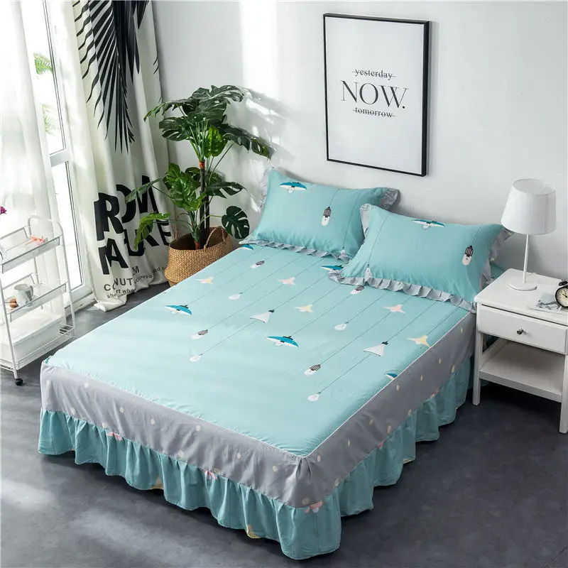 18 Green and white striped cotton single double bed skirt printed bed cover cartoon sheets bedding set - Цвет: 18