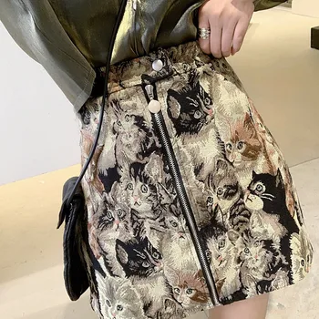 

Skirts Women Autumn Mini Pencil Skirts Vintage Korean High Waist Warp Skirt Streetwear Print Embroidery Cat Cartoon Club Winter