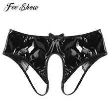 Мужчины мокрого вида женское белье из лакированной кожи латексные трусы открытый промежность с прозрачной органзы отделкой трусы нижнее белье с вырезами