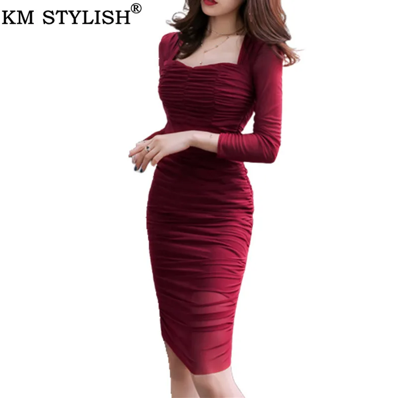 Женское платье vestido женское Ранняя осень новое Сетчатое сексуальное квадратное тонкое платье с квадратным воротником