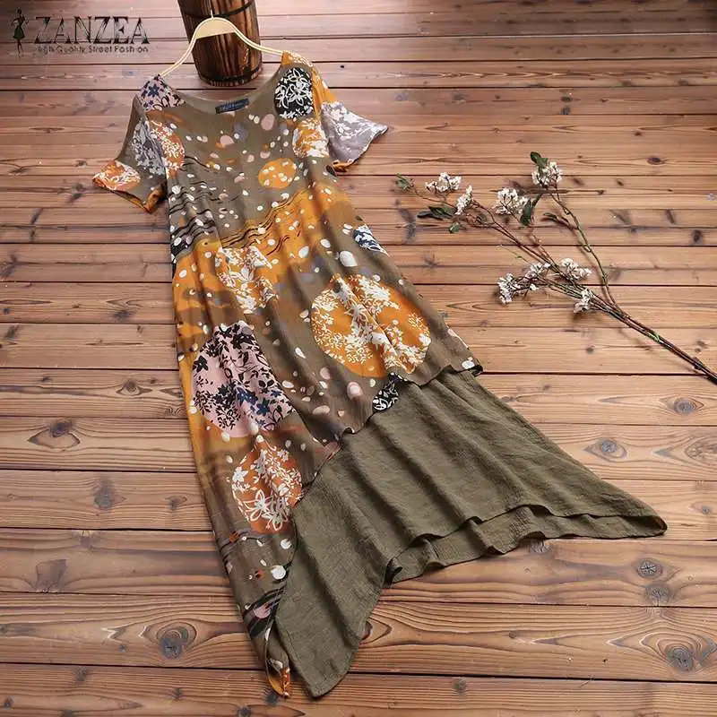

2019 ZANZEA Kaftan Midi Sundress Women's Floral Patchwork Dress Casual Irregular Vestidos Female Summer Robe Femme Plus Size