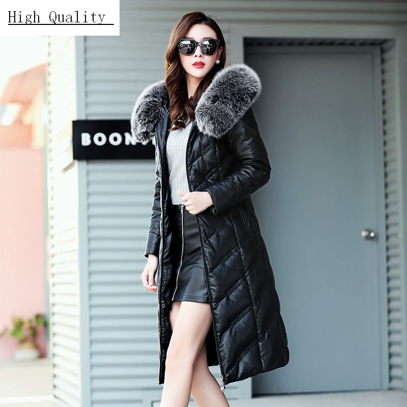

Women Genuine Sheepskin Leather Jacket Long Plus Size Winter Down Coat Female Fox Fur Hooded Thick Warm Overcoats LWL1057