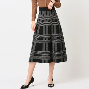 

Women's Knit Urban Skirt Plaid Autumn Winter High Waist Office Lady Checkerboard Midi Skirts Woman Knitting Female Faldas LS224