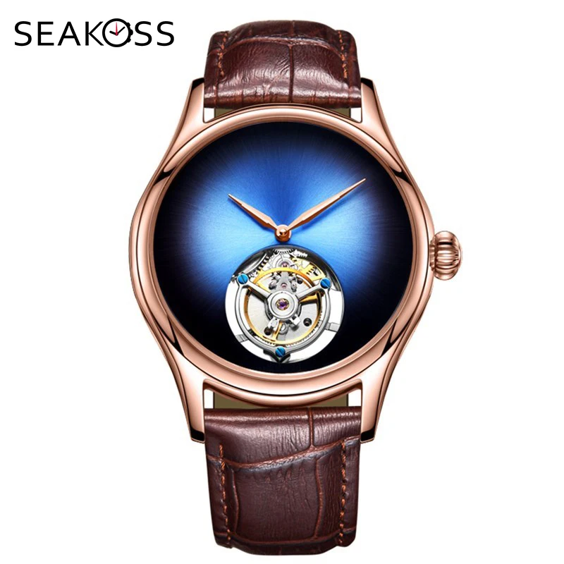 

Seakoss Men Tourbillon Mechanical Watch Rose Gold Sapphire Dial Analog Clock Crocodile Leather Mens Skeleton Wrist Watches