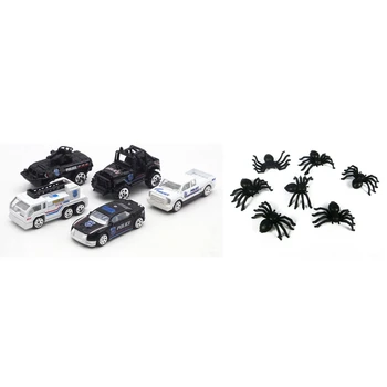 

5 Piece Set Police Rescue Team Model Hot 1:64 Alloy Car & 20x Halloween Mini Plastic Black Luminous Spider Prank Joking