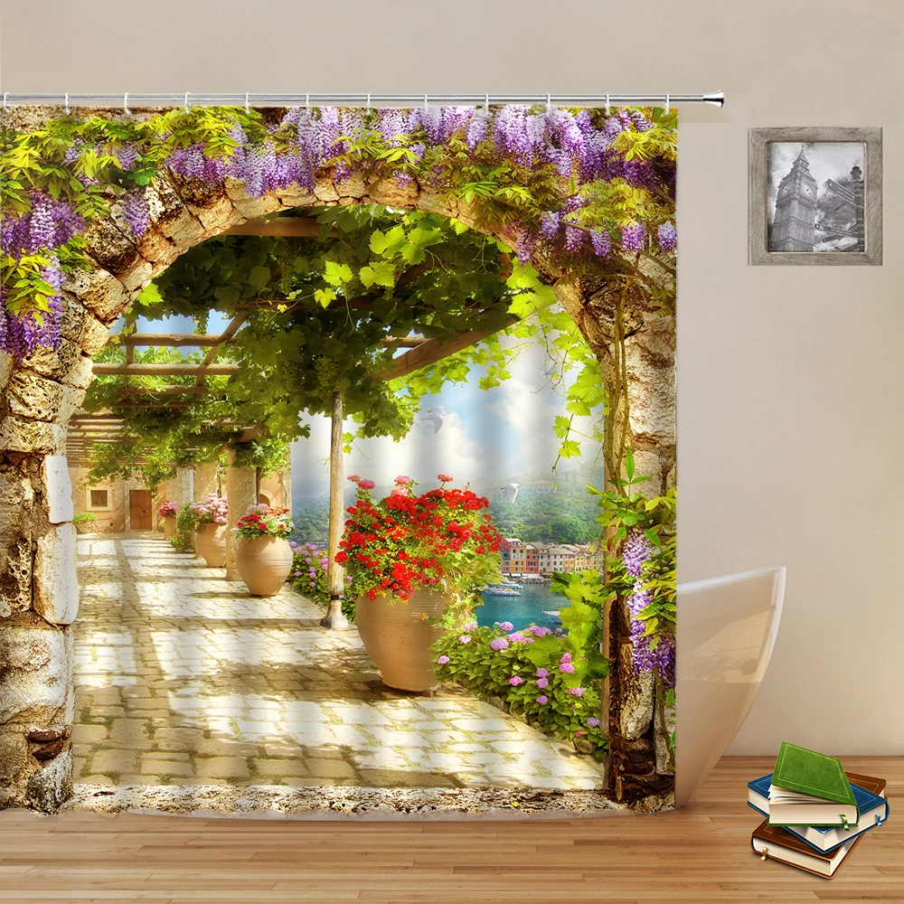 

Flowers Arch door Scenery Shower Curtains Home Bathroom Decor Curtain With hooks Waterproof Polyester Bath Screens 200*180cm
