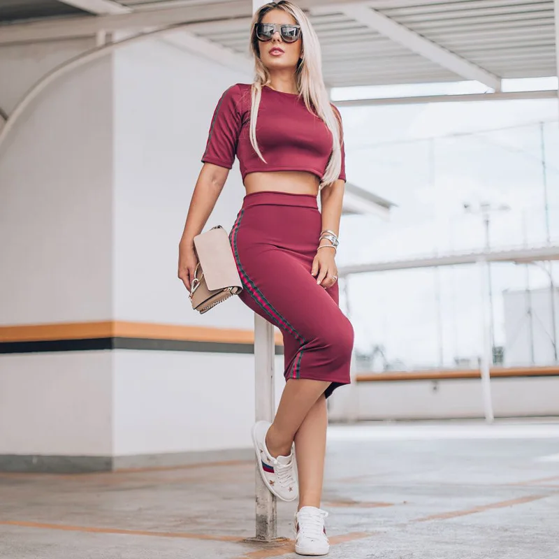 

Summer Fashion Casual Sporting Tracksuit Women Suits 2 Piece Sexy Striped Crop Top With Tights Hip Skirt Two Piece Set