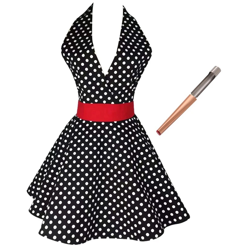 1 Set Classic Retro Aprons Flirty Marilyn V-Neck Polka Dot &amp 1Pcs Stainless Steel Fruit Seeder Core Remover | Дом и сад